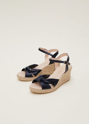 Phase Eight Leather Knot Front Espadrilles Heels Navy Australia | XN8402197